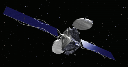 spacecraft with extended solar panels against stars