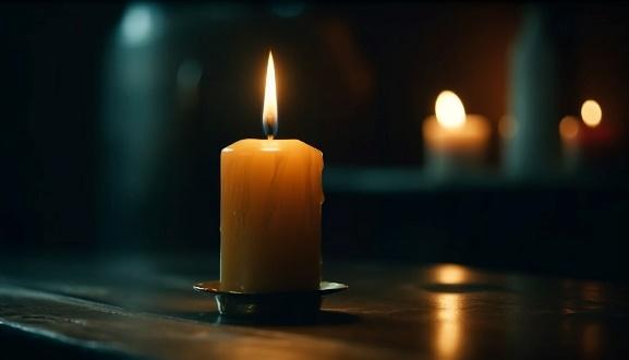 Single lit candle on wooden surface in darkness