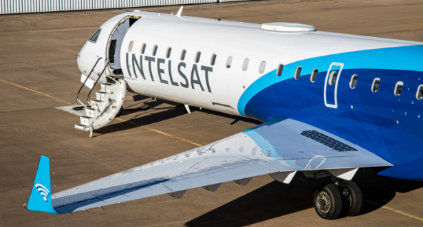 Intelsat branded aircraft parked on tarmac