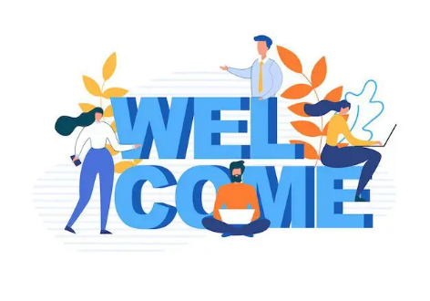 Illustration of people around large welcome text
