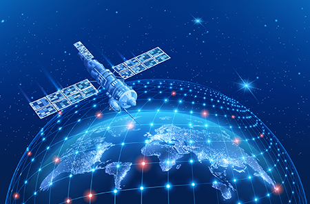 Satellite orbiting Earth with digital network overlay