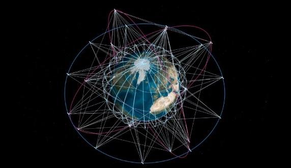Earth surrounded by interconnected satellite network