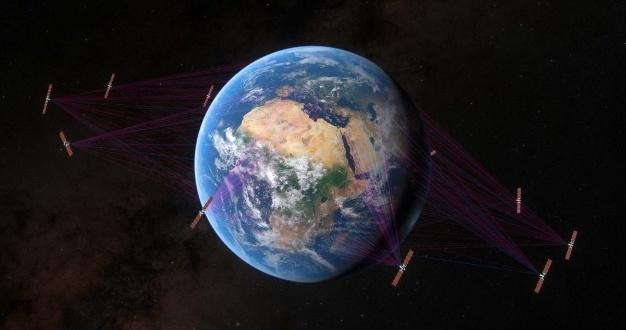Earth with satellites connected by purple network beams