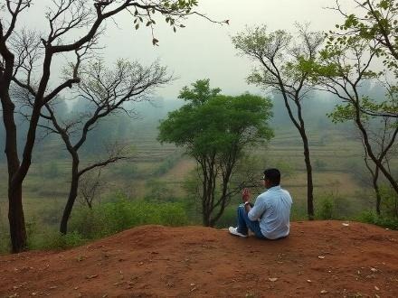 Man seated on hill overlooking misty green valley