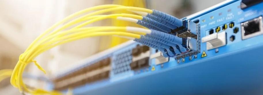 Yellow fiber cables plugged into blue switch