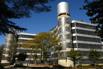 Modern office complex with cylindrical glass towers