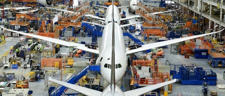 Commercial airplane on assembly line in factory