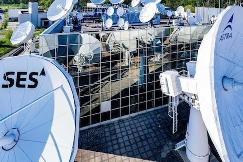 Aerial view of satellite dishes and operations center