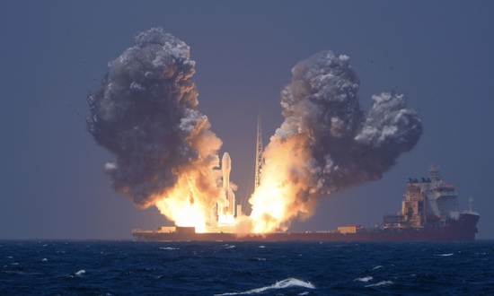 Image credit <a href="https://www.globaltimes.cn/" target="_blank" rel="noopener noreferrer">Global Times</a>: The Gravity-1 launch vehicle takes off from the Oriental Aerospace Port launch vessel. Photo: Courtesy of the Haiyang Aerospace Industry Development Center