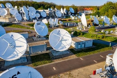 Array of satellite dishes at a ground station