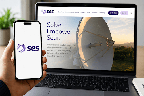 Phone and laptop displaying SES satellite site