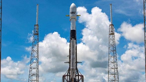 Image credit <a href="https://www.luxtimes.lu/" target="_blank" rel="noopener noreferrer">Luxembourg Times</a>: A SpaceX rocket in Floriday prepared in June 2022 to launch SES-22, a satellite beaming broadcasting content inthe the US. © Photo credit: SpaceX